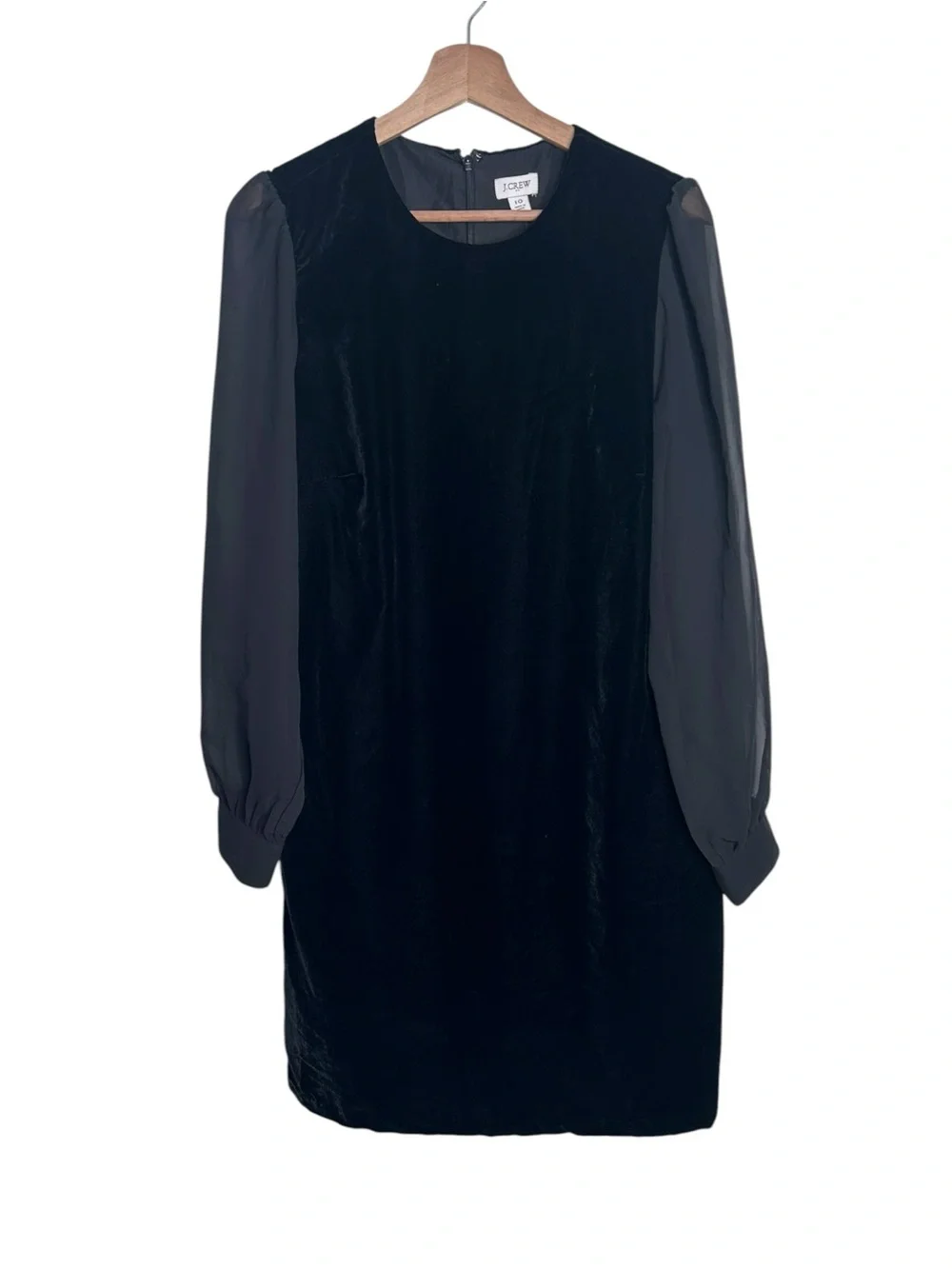 J.Crew Black Velvet Shift Cocktail Dress Sheer Chiffon Sleeves Women’s Size 10